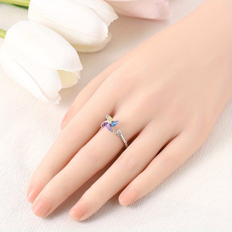Pure Silver 925 Rotating Windmill Ring Inlaid Zirconia